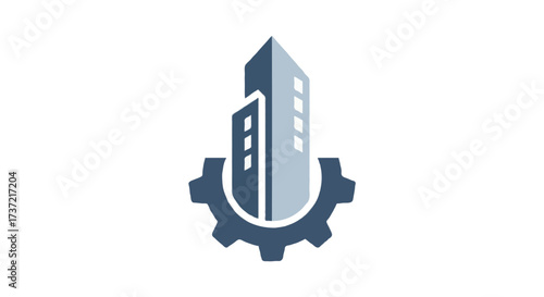 A flat vector construction logo combining a gear wheel and building tower