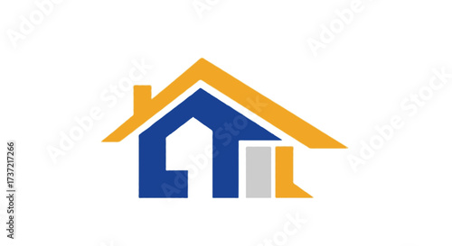A flat vector construction logo with a modern house and rooftop design