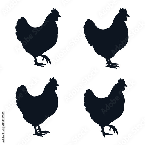 Four silhouette chickens standing in profile against a for farm and poultry designs silhouette