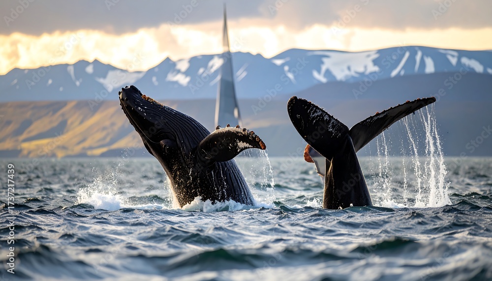 Fototapeta premium Two humpback whales breaching in the ocean, mountains in the background