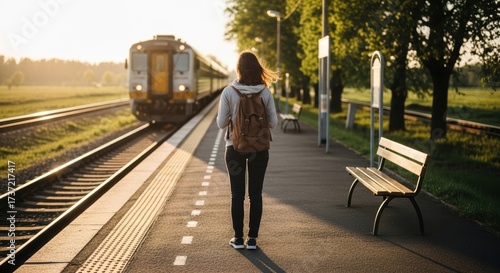 A woman with a backpack stands on a train platform as a train approaches during a bright sunny day
