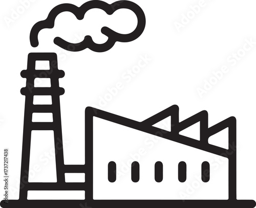 Simple line art icon of a factory building with smoke emitting from chimney