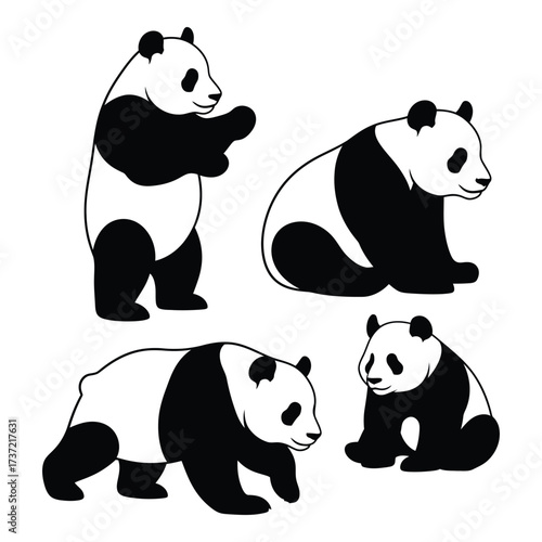 Four adorable pandas in different poses capturing playful and cute animal moments for design silhouette
