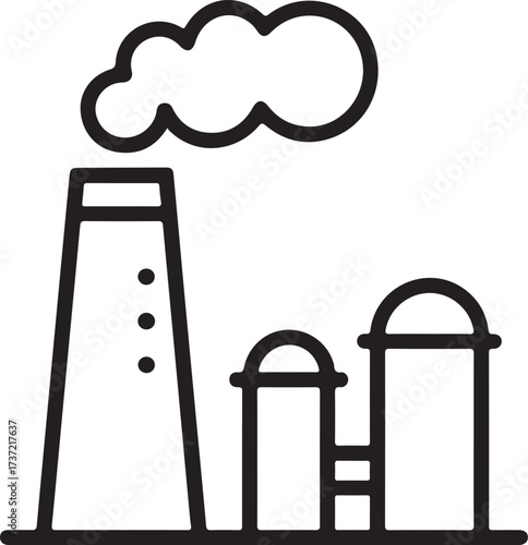 Simple outline icon of an industrial factory with smoke emitting from a chimney