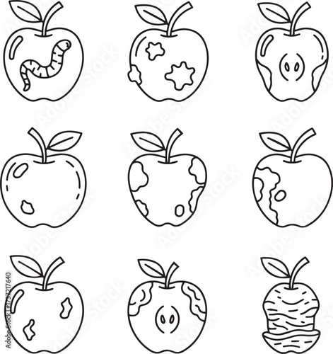 This black and white line art illustration set showcases the various stages of an apple's natural journey, from its initial decay to its complete consumption. It includes a caterpillar, apples with si