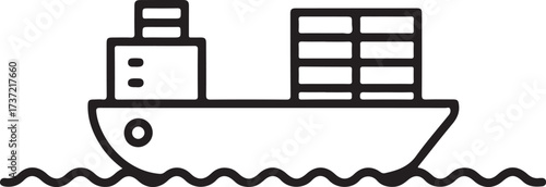 Simple line art icon of a cargo ship carrying shipping containers on the water