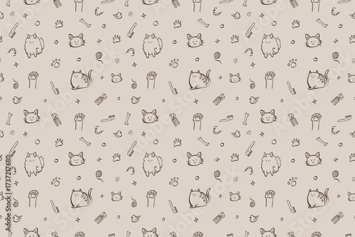 Seamless Cute Cat Pattern with Pet Elements and Paw Prints