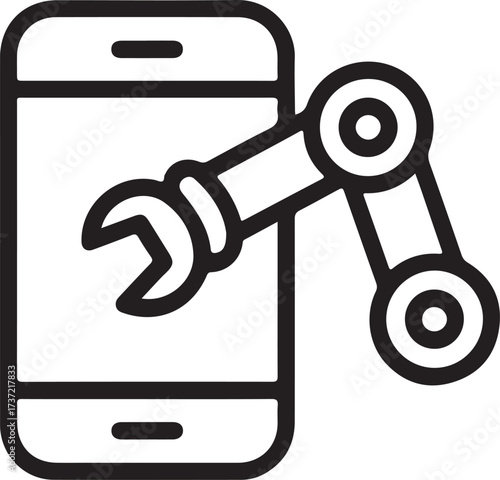 Robotic arm with wrench repairing a smartphone screen in a clean line art illustration