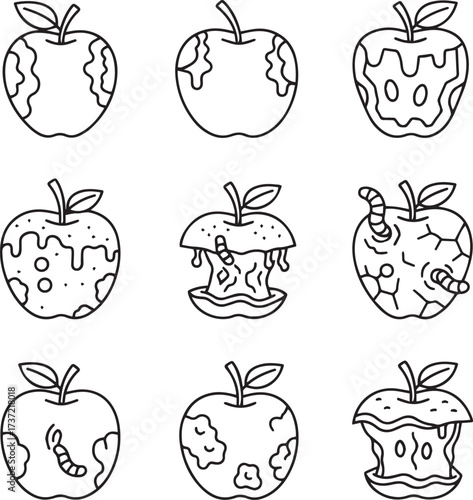  A grid of nine black and white outline illustrations depicting apples in various stages of decay and consumption. Some apples show blemishes and wormholes, while others are significantly deteriorated