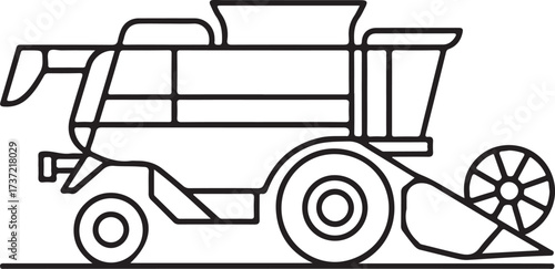 Black and white line drawing illustration of a modern combine harvester on a plain background