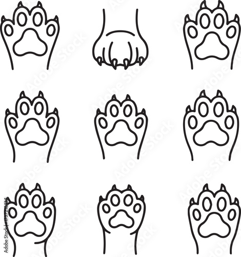  A clear visual of nine distinct black outline illustrations featuring various animal paw prints.