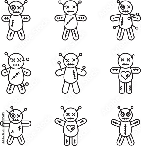 A striking grid display showcasing nine distinct voodoo doll illustrations, each meticulously rendered in a clean black and white line art style. 