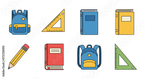 Cartoon school supplies icons set featuring blue backpacks books rulers and a yellow pencil for back to school education.