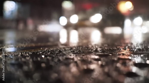 Wet City Street at Night with Bokeh Lights Reflection.