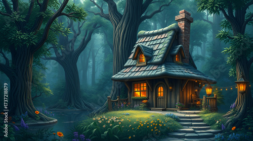 Enchanted Cottage in a Fantastical Forest