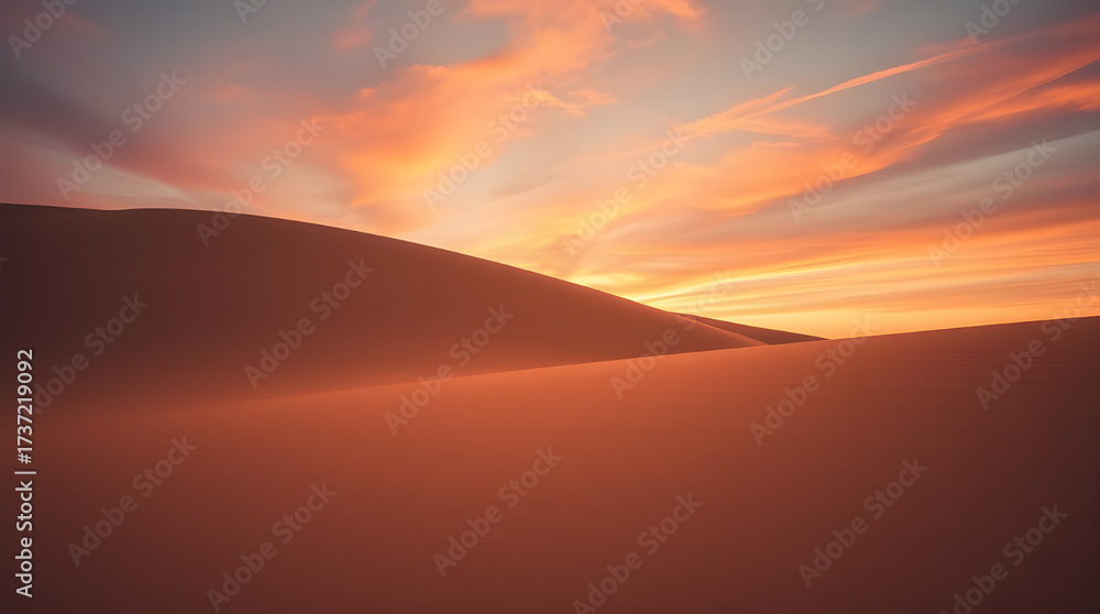 Obraz premium Dramatic Sunset or Sunrise Sky Over Silhouette of Minimalist Sand Dunes Desert Landscape