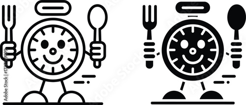 Cartoon Clock Character Holding Fork and Spoon