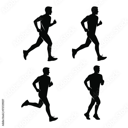 Dynamic silhouette set of four runners in motion capturing sprinting action for fitness and sports concepts silhouette