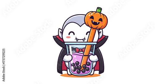 Happy cute chibi vampire cartoon with fangs holding spooky purple boba tea pumpkin straw Halloween illustration