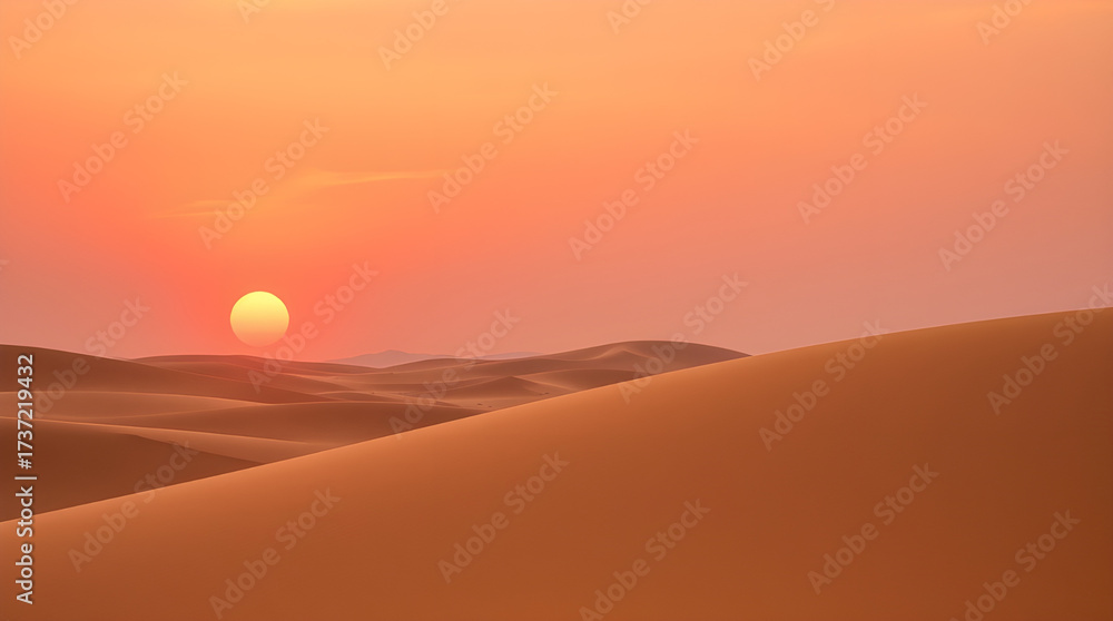 Fototapeta premium Vibrant Desert Landscape with Huge Setting or Rising Sun Above Rolling Sand Dunes in a Warm Apricot Haze
