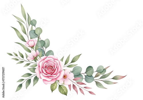 Elegant watercolor floral arrangement featuring pink roses eucalyptus leaves and greenery Isolated on transparent background