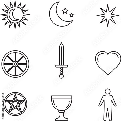 This graphic presents a grid of nine distinct outline icons representing classical mystical and divination symbols.