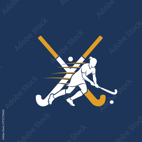 Dynamic vector emblem of a female field hockey player in motion, with crossed sticks. An iconic sports logo illustration for a team or club