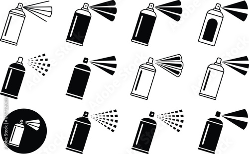 Collection of Spray Paint Can Icons with Spraying Effect