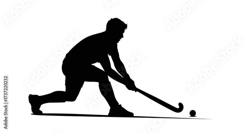 Dynamic silhouette illustration of a male field hockey player mid-strike, isolated on a white background