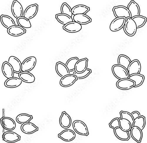 A collection of nine simple, monochrome line drawings depicting clusters of organic shapes resembling seeds or plant cells. These botanical elements are presented in an outline style, suitable for var