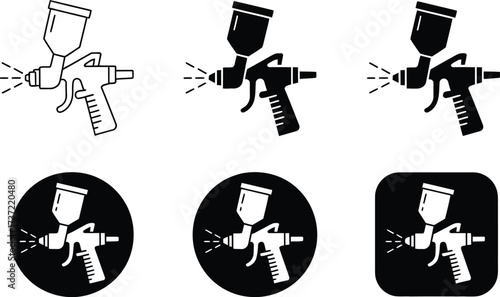 Spray Gun Icons: Line Art, Solid Black, and Enclosed Designs