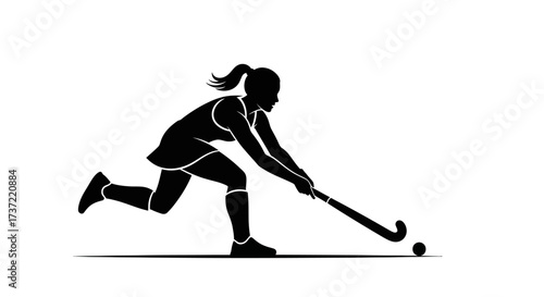 Female field hockey player silhouette dribbling the ball in a dynamic pose. Vector graphic icon for sports competition