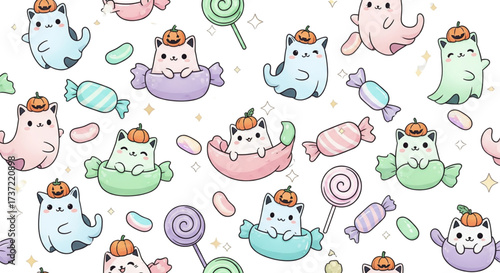 Cute Kawaii Ghost Cats and Pastel Candy Halloween Seamless Pattern. Adorable Kittens with Pumpkin Hats and Sweet Treats.