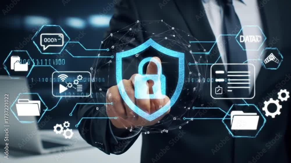 Cybersecurity Data Protection Businessman Activating Digital Shield ...