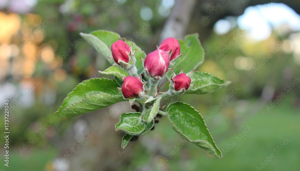 Fototapeta premium Cluster of pink apple flower buds and green leaves