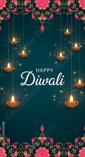 Happy diwali greeting card with hanging diyas and floral decorations, celebrating the hindu festival of lights with joy and prosperity