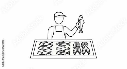 Fresh seafood market stall with fishmonger holding fresh catch, conveying a sense of quality and local sourcing