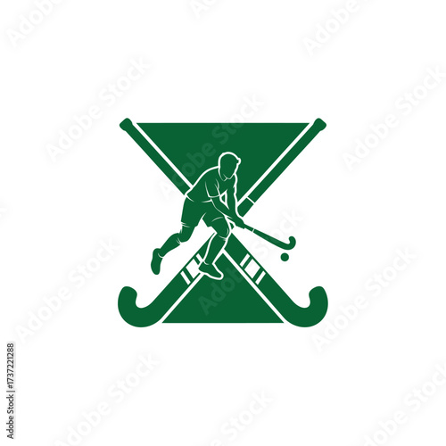 Green vector graphic of a field hockey player in action, designed as a sports team emblem with crossed sticks and a ball