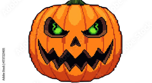 Spooky pixel art jack-o'-lantern with glowing green eyes and a menacing grin, perfect for Halloween digital designs.