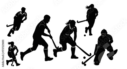 A dynamic vector collection of field hockey players in action, featuring male and female athletes and a goalkeeper in silhouette