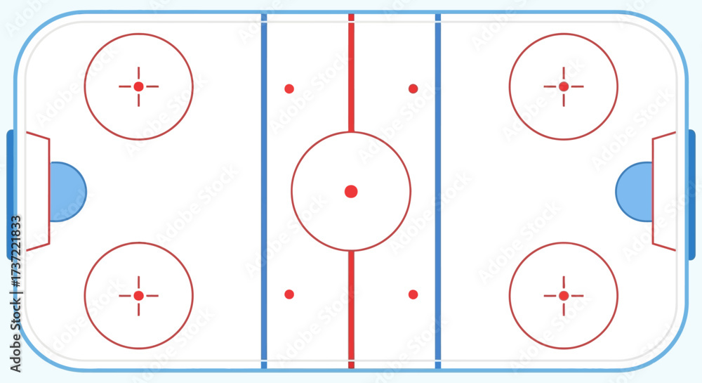 Naklejka premium Detailed schematic of an ice hockey rink playing surface with official lines, zones, and circles. Top view vector graphic for game analysis and planning