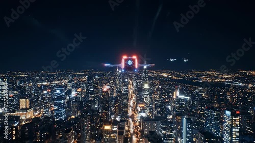 Wallpaper Mural Futuristic Air Taxi Flying Over a Dazzling Cityscape at Night, Urban Mobility Innovation. Torontodigital.ca