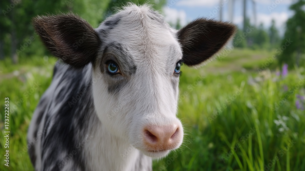 Fototapeta premium A young calf with striking blue eyes stands in a lush green field its gaze directed forward