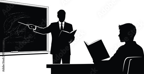 Vector art of a teacher teaching a student in a classroom