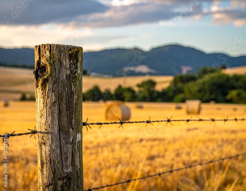 Golden Field with Hay Bales and Wooden Fence Post.
