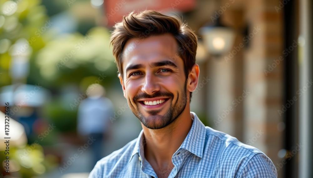 Fototapeta premium there is a man standing outdoors. he has a beard and short hair, and is wearing a blue plaid shirt with a checkered pattern