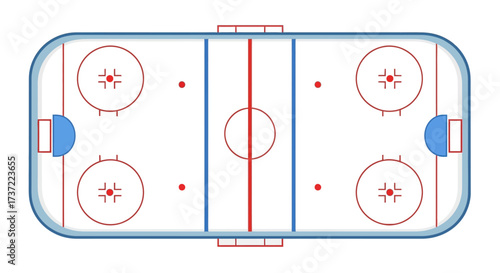 Detailed vector illustration of an ice hockey rink from a top-down aerial perspective, showcasing the field layout and markings for a game