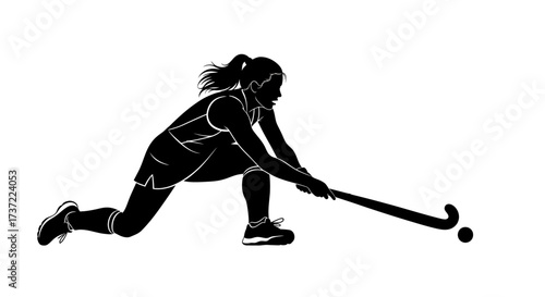 Dynamic silhouette of a female field hockey player in an athletic action pose, dribbling the ball with her stick. Black and white vector illustration isolated on a white background