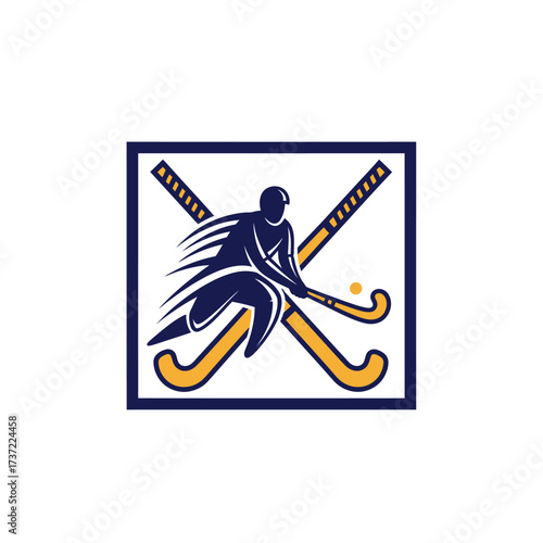 Vector emblem of a field hockey player in motion with crossed sticks. A dynamic sports logo illustration perfect for a team or club identity