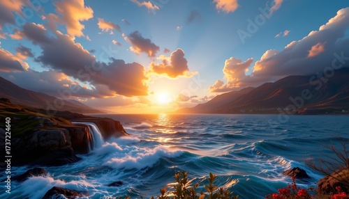 a serene beach scene at sunrise or sunset. the sky is painted with hues of orange and yellow, casting a warm glow over the landscape